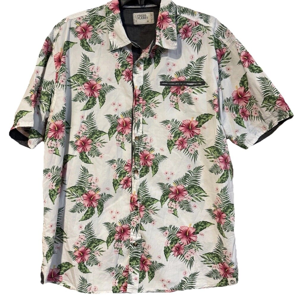 Free Planet Hawaiian Shirt Mens 2X White Pink Hibiscus Floral Cotton Button Up